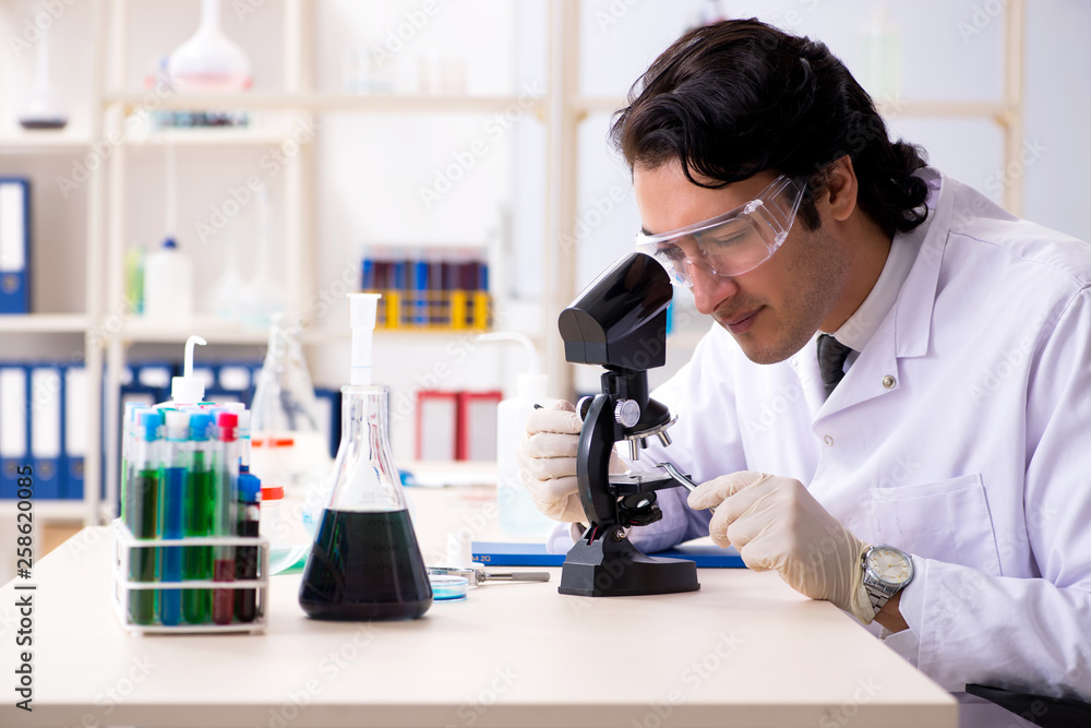 Young handsome chemist working in the lab Young handsome chemist working in the lab