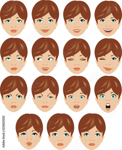 Graphic set of icons featuring a pretty young woman's facial expressions and emotions © D.J.McGee