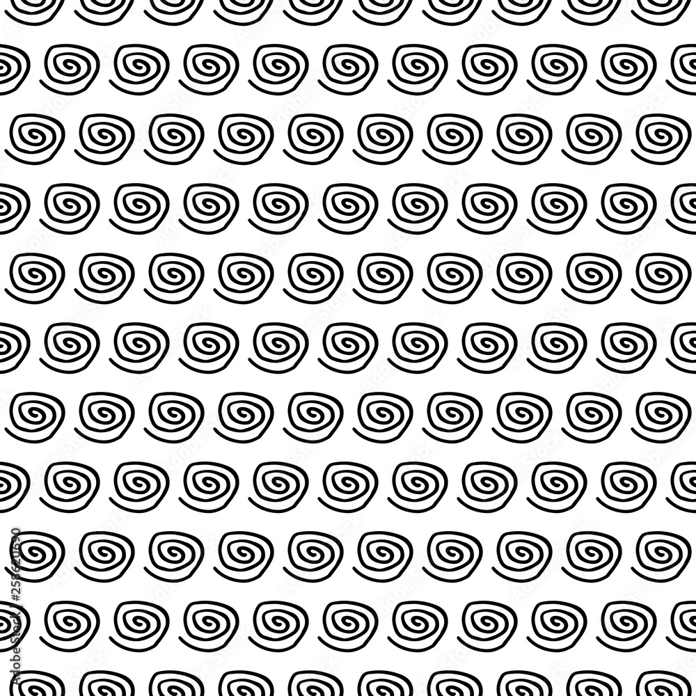 Abstract spiral pattern with hand drawn spirals. Cute vector black and white spiral pattern. Seamless monochrome spiral pattern for fabric, wallpapers, wrapping paper, cards and web backgrounds. Abstract spiral pattern with hand drawn spirals. Cute vector black and white spiral pattern. Seamless monochrome spiral pattern for fabric, wallpapers, wrapping paper, cards and web backgrounds.