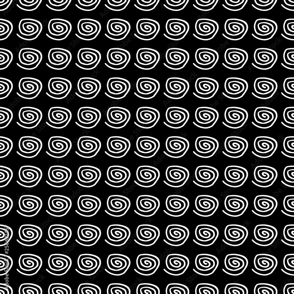 Abstract spiral pattern with hand drawn spirals. Cute vector black and white spiral pattern. Seamless monochrome spiral pattern for fabric, wallpapers, wrapping paper, cards and web backgrounds.