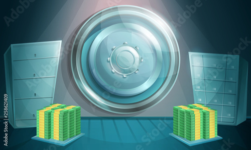 cartoon bank vault with money, vector illustration