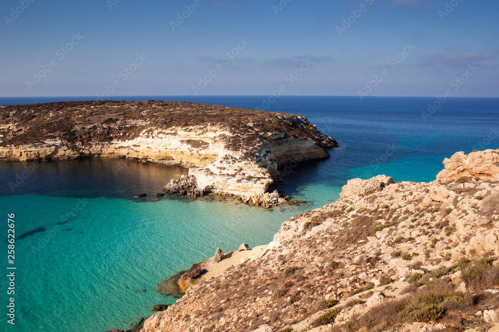 View of the most famous sea place of Lampedusa called Spiaggia dei conigli,