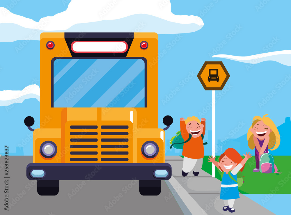 happy little school kids in the bus stop happy little school kids in the bus stop