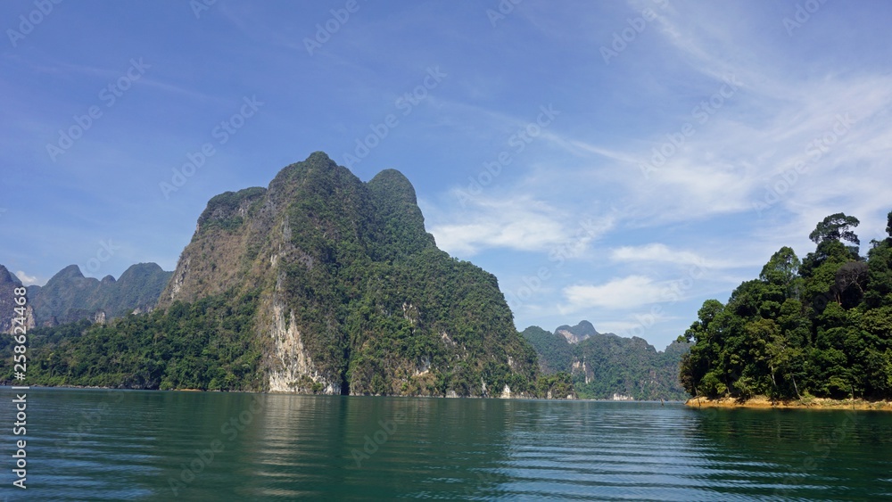 tropical landscape on chiao lan lake in khao sok