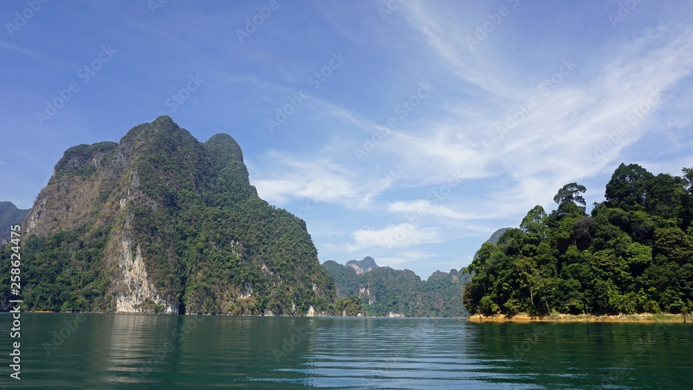 tropical landscape on chiao lan lake in khao sok