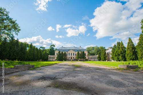 Abandoned mansion. Holy Palace Volovichi, castle in Svyatskoye. a beautiful old architectural structure, a stone or marble staircase leads us to the entrance to the mansion, which seems abandoned