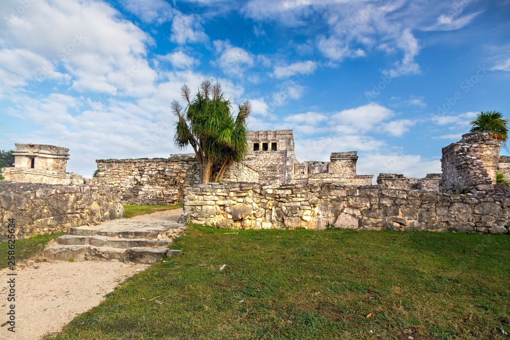 Ancient Mayan Ruins Citadel above Caribbean Sea near City of Tulum Archeological Site on Mexico Yucatan Peninsula