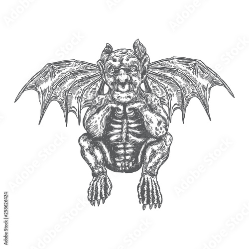 Gargoyle in sitting aggressive position to attack  Human and dragon bat like demon Chimera fantastic beast creature with horns fangs and claws. Hand drawn gothic guardians at medieval. Vector