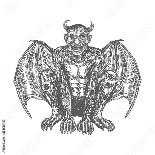 Gargoyle in sitting aggressive position to attack  Human and dragon bat like demon Chimera fantastic beast creature with horns fangs and claws. Hand drawn gothic guardians at medieval. Vector
