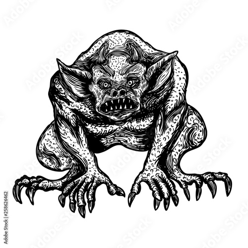 Demon, human like monster creature chimera with fangs horns, and claws. Mystic and occult hand drawn engraved devil vector.