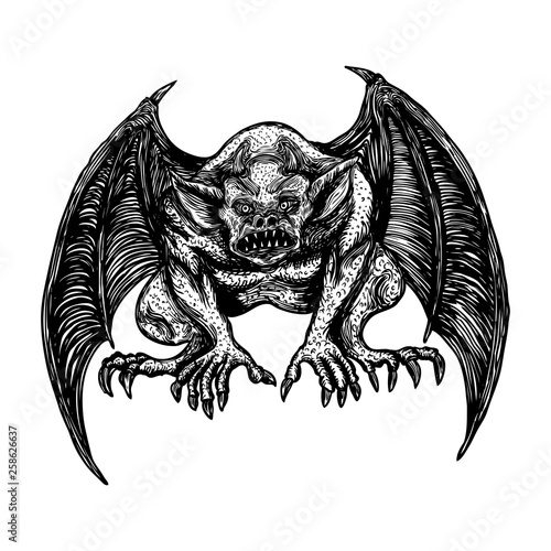 Mythological ancient creatures animals with bat like wings. and horn. Mythical gargoyle with sharp fangs teeth and nails or claws in seating position. Engraved hand drawn sketch. Vector.