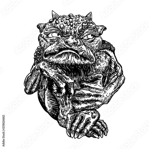 Demon, human like monster creature chimera with fangs horns, and claws. Mystic and occult hand drawn engraved devil vector.