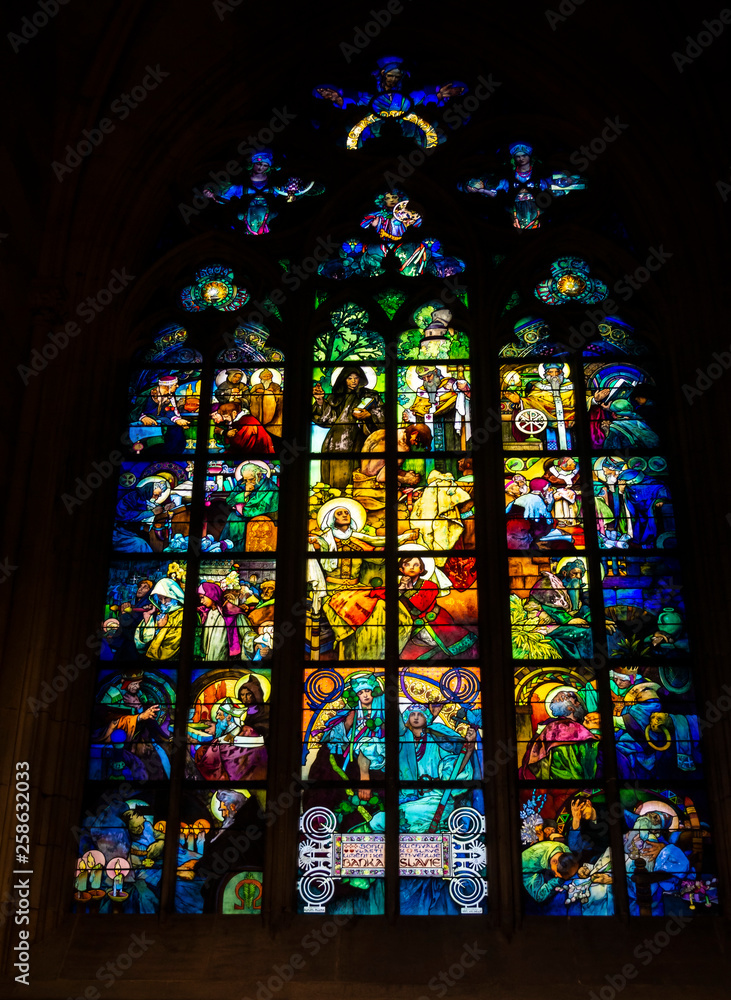 Stained glass windows. St. Vitus Cathedral. Czech Republic, Europe
