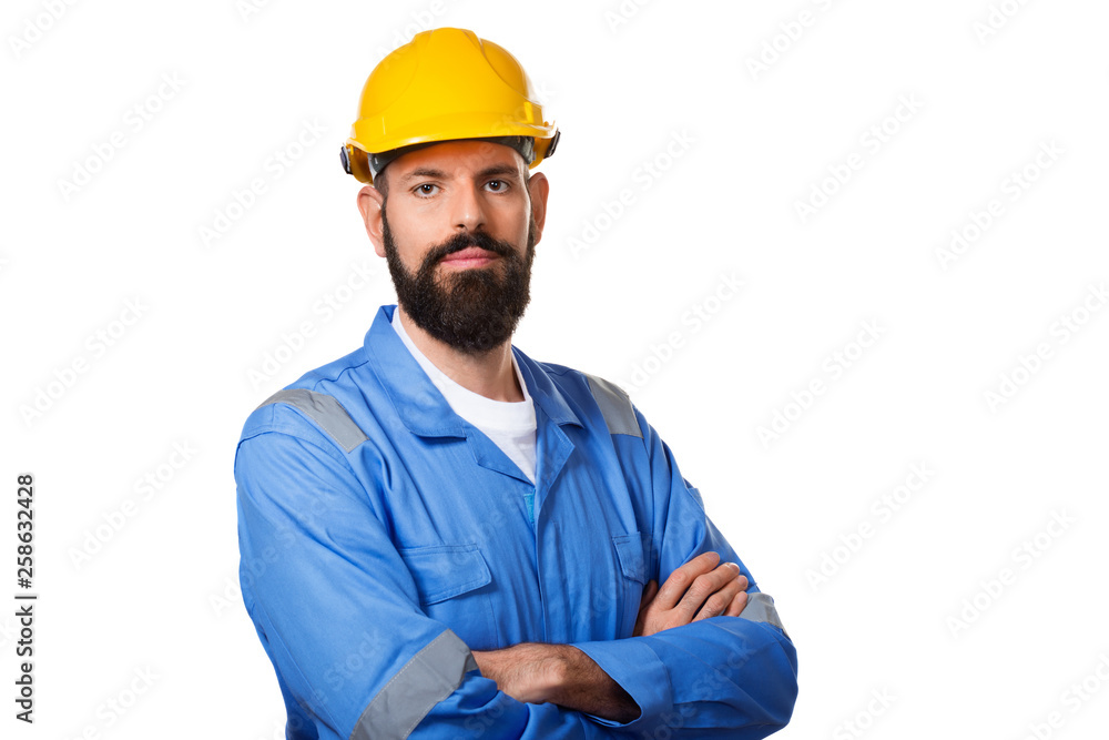 Builder in hard hat, foreman or repairman in the helmet. Bearded man worker with beard in building helmet or hard hat. Portrait architect builder, civil engineer working. Builder in hard hat, foreman or repairman in the helmet. Bearded man worker with beard in building helmet or hard hat. Portrait architect builder, civil engineer working.