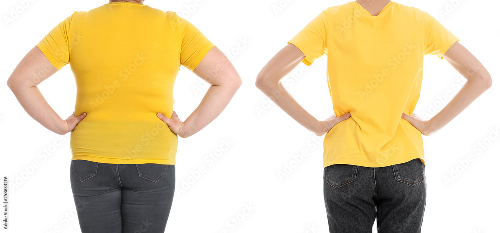 Overweight woman before and after weight loss on white background, closeup Overweight woman before and after weight loss on white background, closeup
