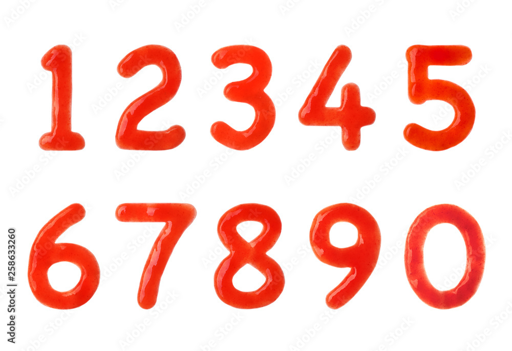 Creative numbers made of tomato sauce on white background Creative numbers made of tomato sauce on white background