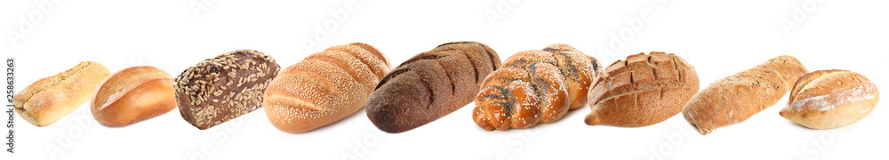 Set of fresh bread on white background