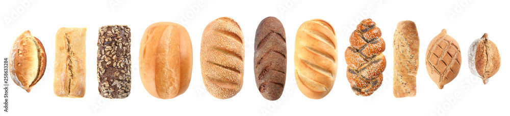 Set of fresh bread on white background, top view - obrazy, fototapety, plakaty 