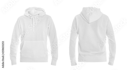 Set of stylish hoodie sweater on white background, front and back view. Space for design