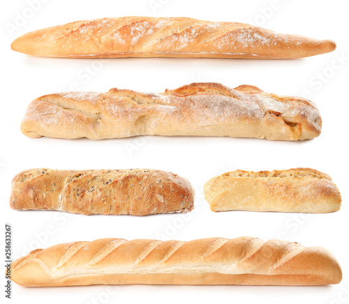 Set of fresh bread on white background
