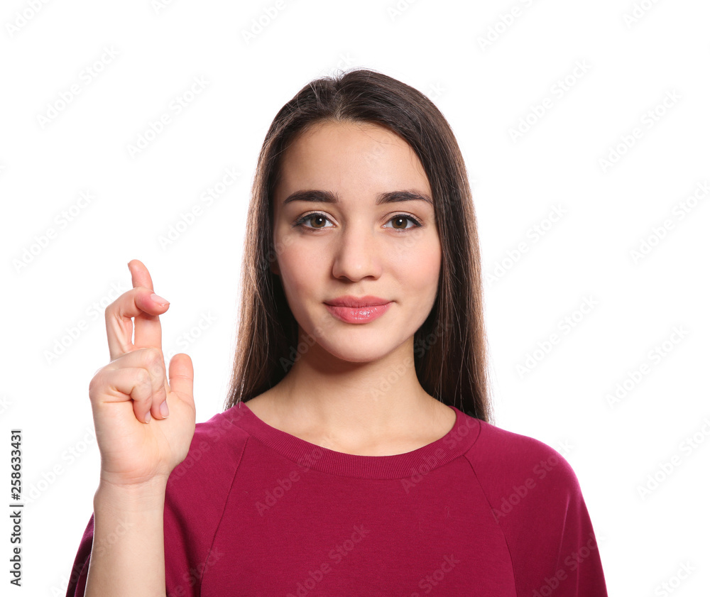 Woman using sign language on white background Woman using sign language on white background