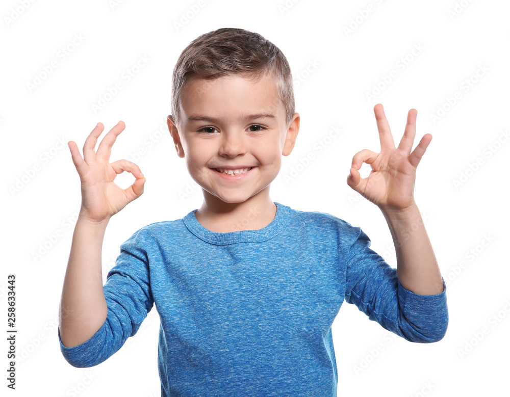 Little boy showing OK gesture in sign language on white background Little boy showing OK gesture in sign language on white background