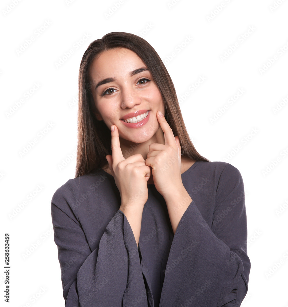Woman showing LAUGH gesture in sign language on white background Woman showing LAUGH gesture in sign language on white background