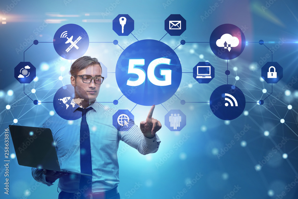 5g internet concept with businessman pressing buttons 5g internet concept with businessman pressing buttons