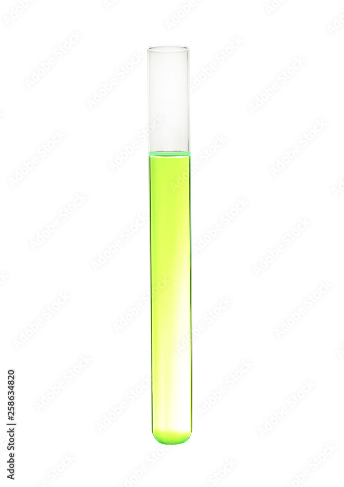 Test tube with color liquid on white background. Solution chemistry Test tube with color liquid on white background. Solution chemistry