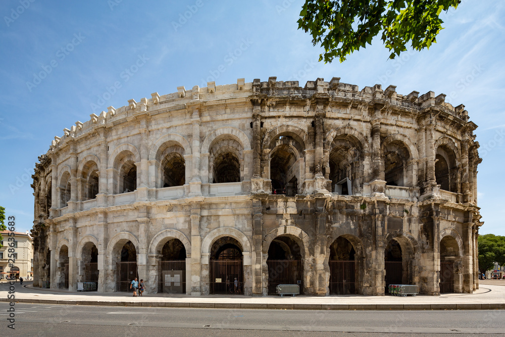 Extrerior view of the magnificent Roman arena in Nimes, France