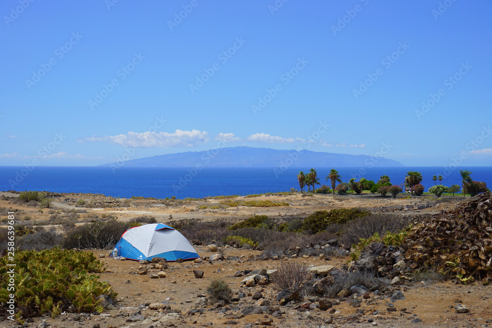 A tent of hippies in the luxury area of Tenerife, Golf Costa Adeje. Canary Islands, Spain. Social. 