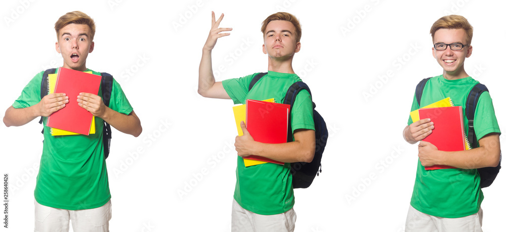 Young student with backpack and notes isolated on white Young student with backpack and notes isolated on white