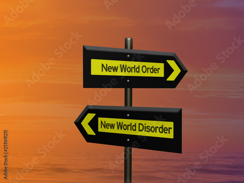 New world order 3d sign concept on a signpost against a cityscape silhouette and orange purple gradient background © Steve