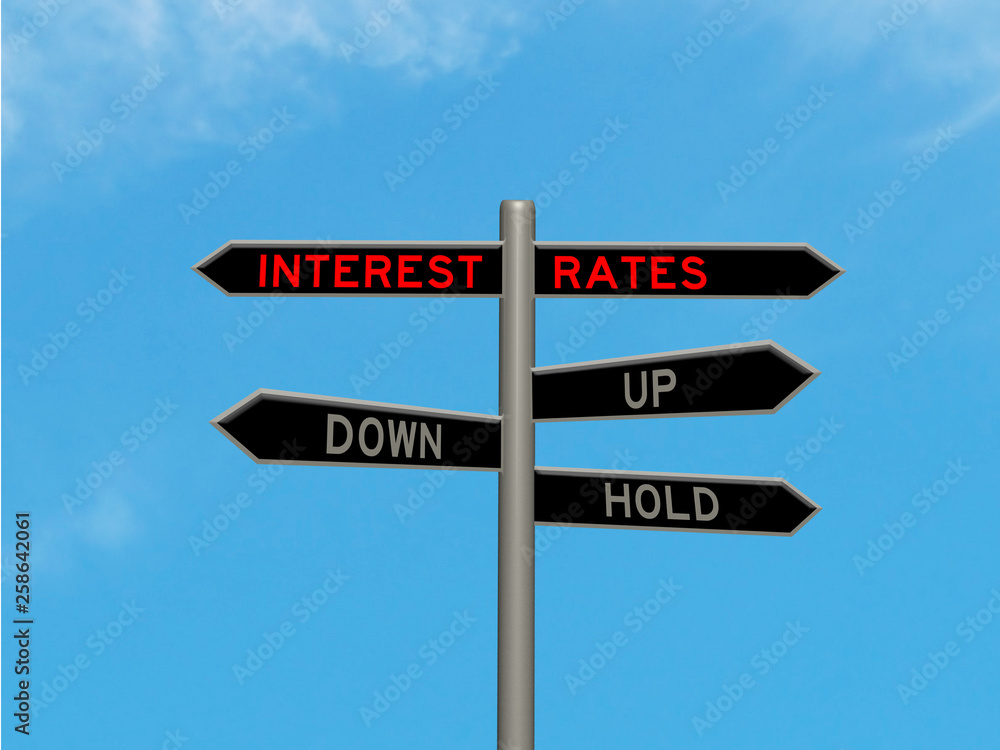 Interest rates concept 3d sign on a signpost against a blue sky background Interest rates concept 3d sign on a signpost against a blue sky background