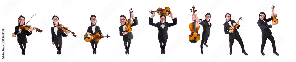 Obraz premium Funny man with music instrument on white