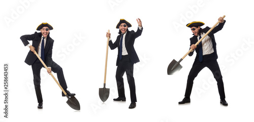 Pirate businessman holding spade isolated on white