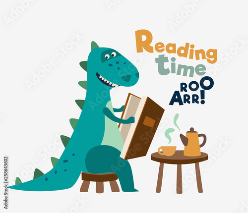 Cute dinosaur reads a book. Funny tyrannosaur drinking tea on the table