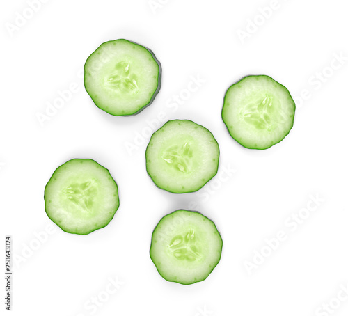 Fresh cucumber slices isolated on white background, top view