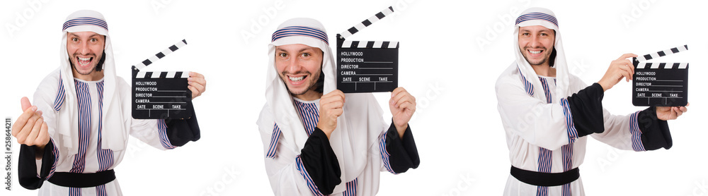 Arab man with clapper-board isolated on white Arab man with clapper-board isolated on white