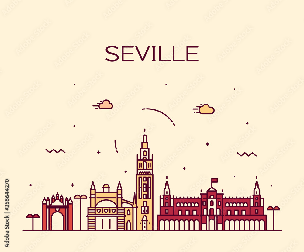 Fototapeta premium Sewilla panoramę Hiszpanii wektor liniowy styl miasta