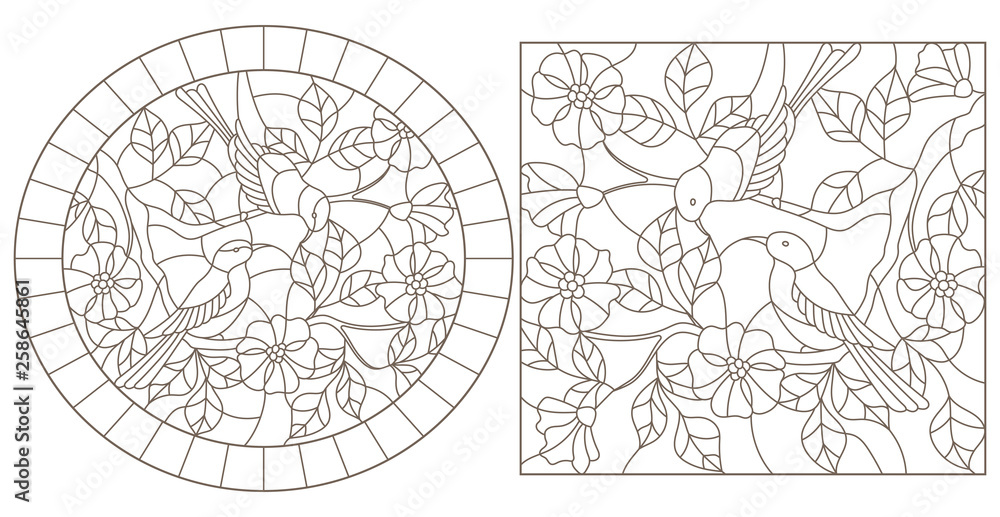 Set of contour illustrations in stained glass style with birds on the branches of a flowering plant, dark contours on a white background