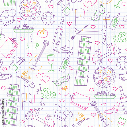 Seamless pattern on the theme of journey in the country of Italy, simple contour icons drawn with colored markers on the clean writing-book sheet in a cage