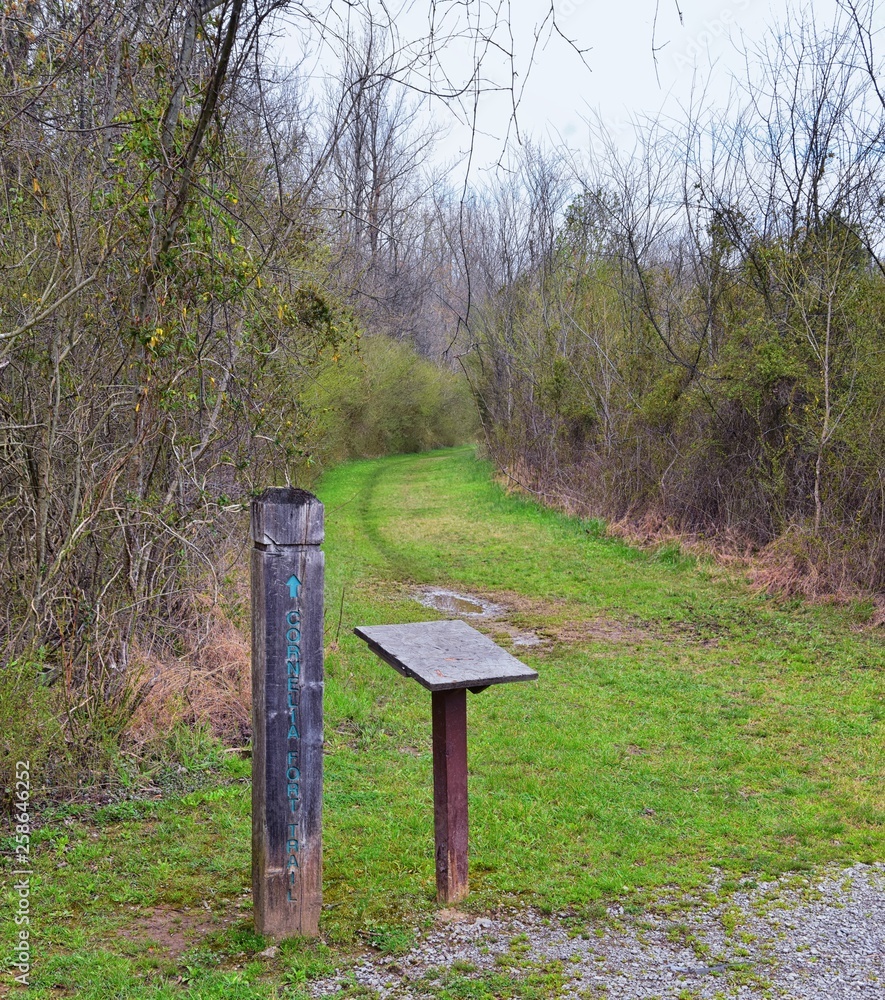Trail and warning signs along the Shelby Bottoms Greenway and Natural Area Cumberland River frontage trails, Music City Nashville, Tennessee. United States. Trail and warning signs along the Shelby Bottoms Greenway and Natural Area Cumberland River frontage trails, Music City Nashville, Tennessee. United States.
