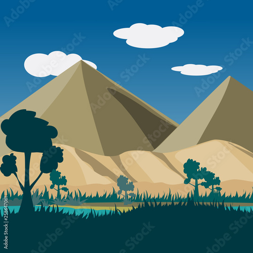 Landscape nature Oasis and desert mountain with blue sky and clouds background Vector Illustration.