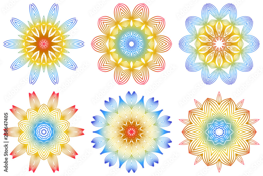 Set of 6 Ornamental Arabic Pattern With Mandala. Vintage Vector For Print Or Web Design. Invitation, Wedding Card, National Design. Rainbow color Set of 6 Ornamental Arabic Pattern With Mandala. Vintage Vector For Print Or Web Design. Invitation, Wedding Card, National Design. Rainbow color