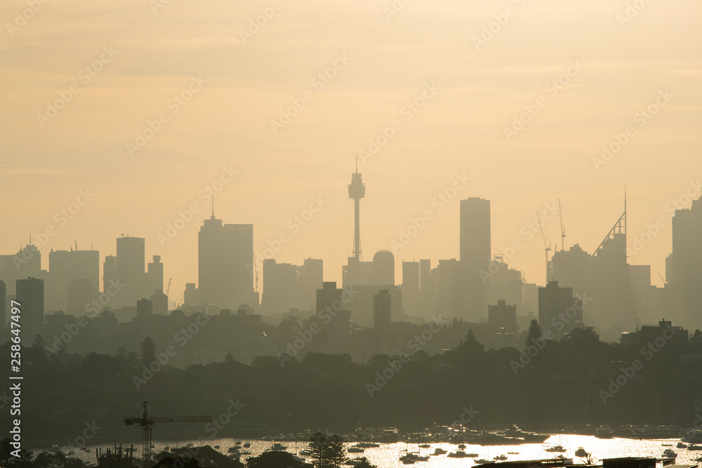 Sydney skyline silhouette under the hazy summer sunlight.