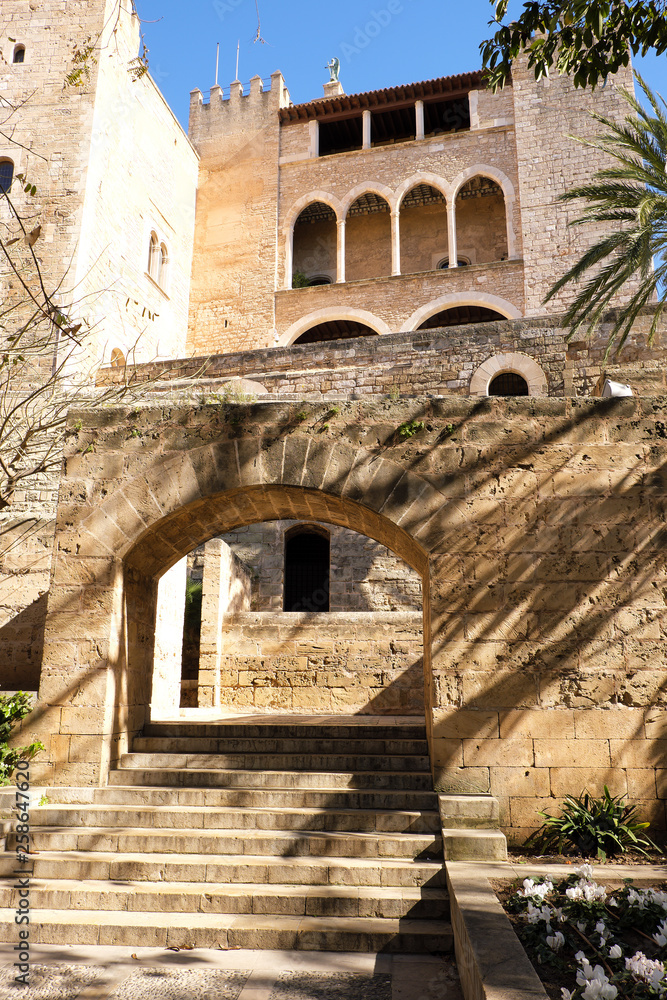Palma Mallorca almudaina kings palace side entrance garden arch vertical