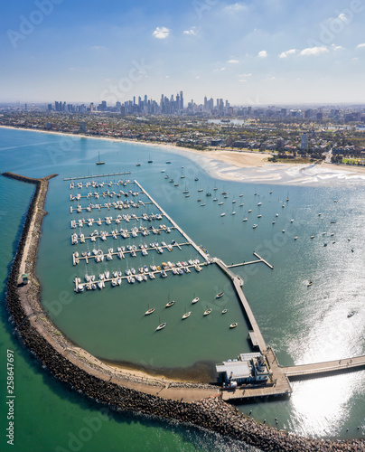 Panoramic view of St Kilda Marina with the city of Melbourne Australia in the background photo