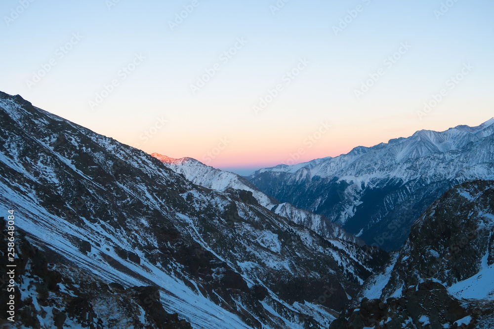 Sunset in the Syltran valley view. Caucasian Mountains. Russia