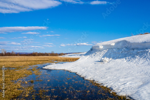 Fototapeta Naklejka Na Ścianę i Meble -  Spring landscape. Sunny day, blue sky, meadow and melting snow.